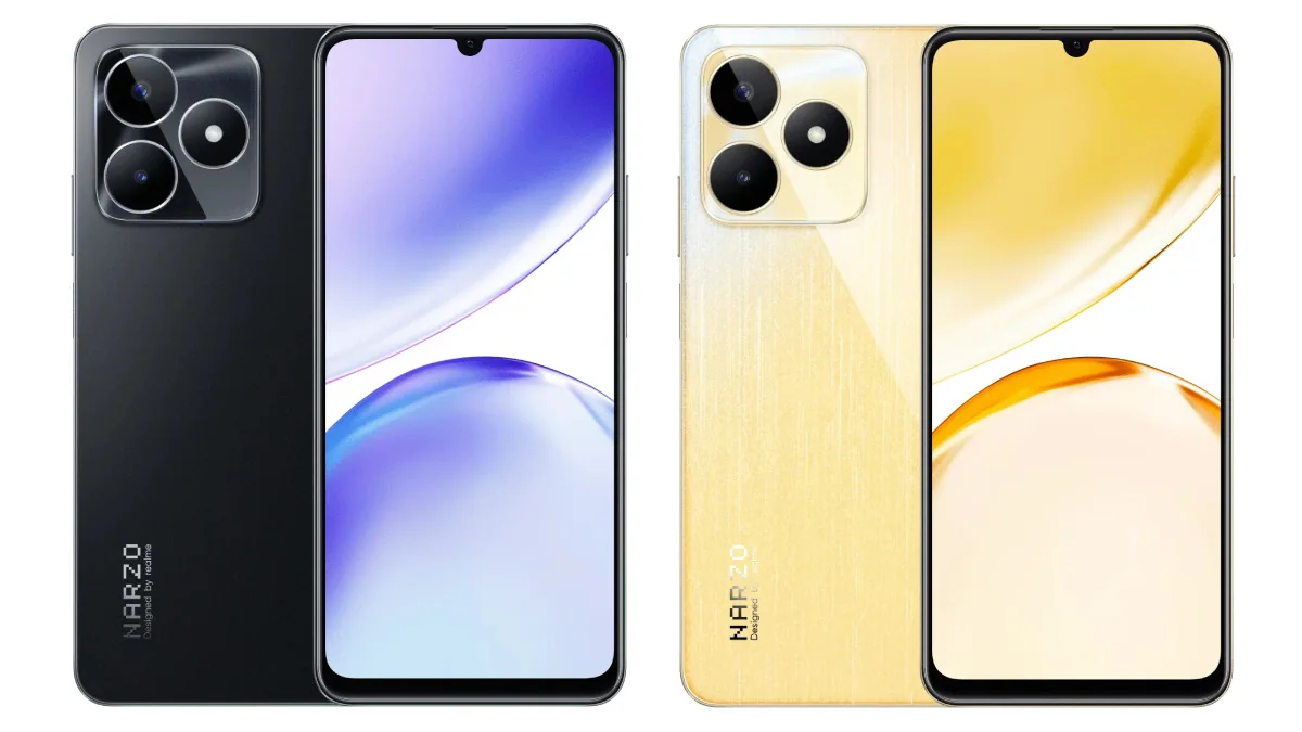 Realme Narzo N53 gồm 2 tùy chọn màu là vàng lông vũ và đen