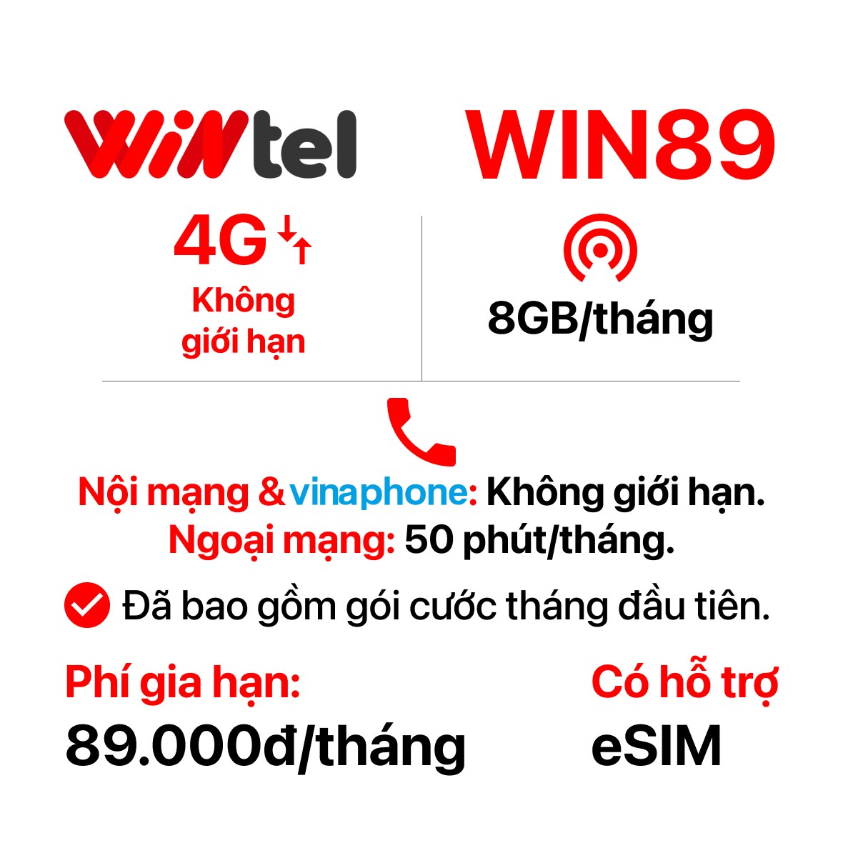 Wintel Sql SIM Wintel WIN89 (Không giới hạn dung lượng)