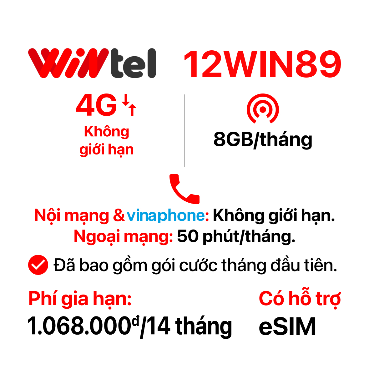 Wintel SIM Wintel 12WIN89 (Không giới hạn dung lượng)