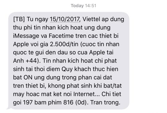 Viettel tính phí kích hoạt iMessage