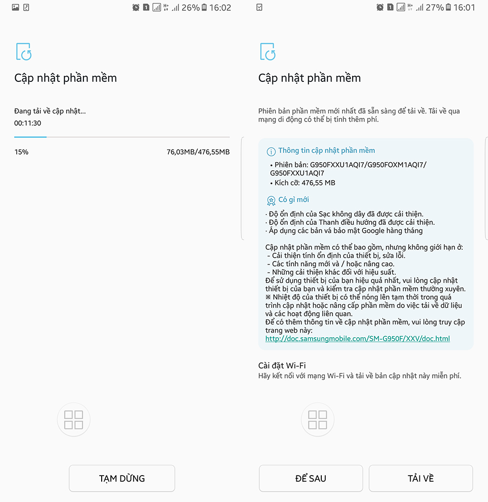 cập nhật phần mềm Galaxy S8