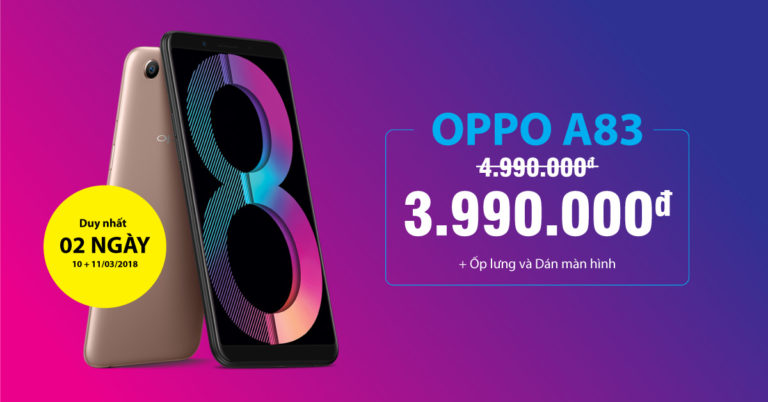 OPPO A83 màn hình tràn viền: Tặng PMH 1 triệu đồng, trả góp 0% duy nhất trong 2 ngày