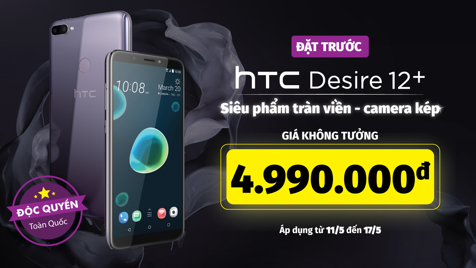 Đặt trước HTC Desire 12+ – Siêu phẩm tràn viền, camera kép với giá cực rẻ chỉ 4.990.000đ