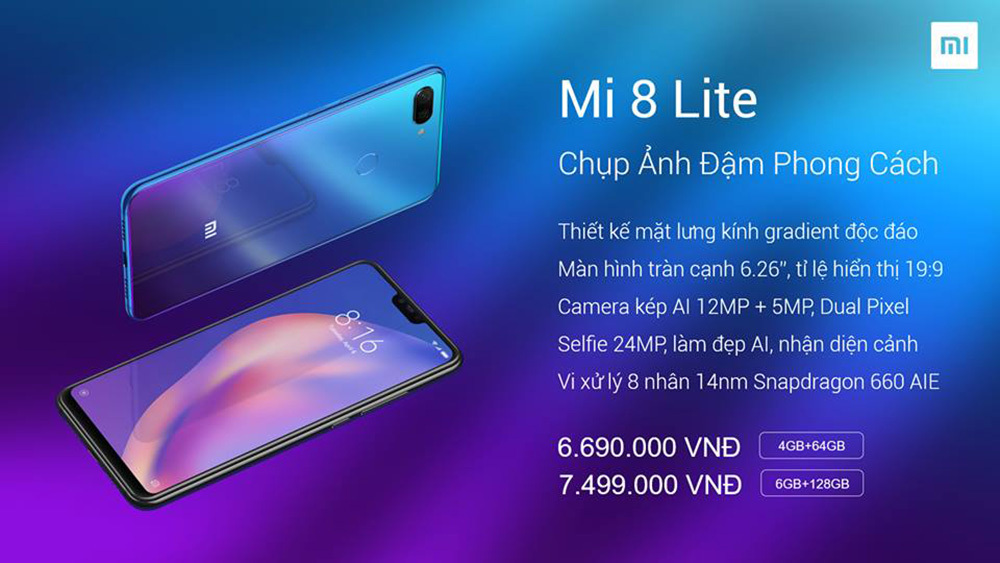 Xiaomi Mi 8 Lite ra mắt Việt Nam: Snapdraon 660, camera kép, mặt lưng đổi màu, giá từ 6.690.000 đồng