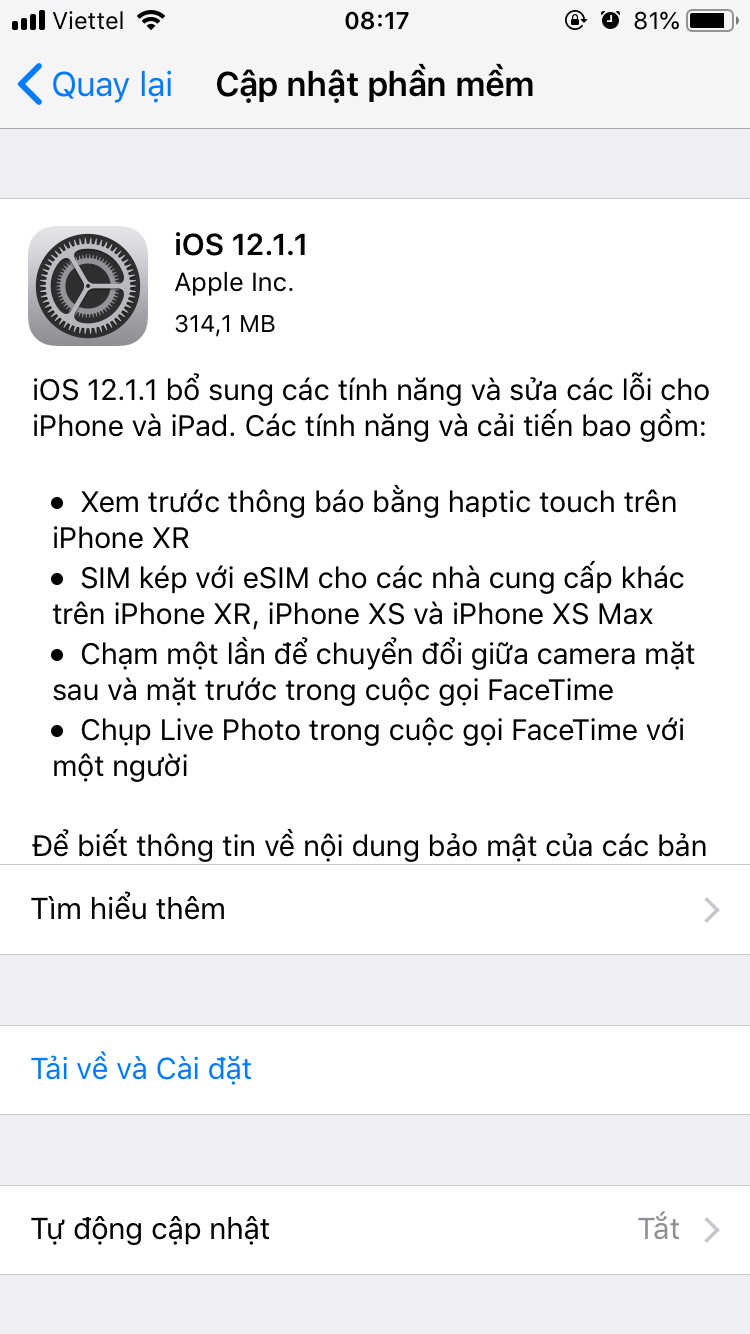Cập nhật iOS 12.1.1