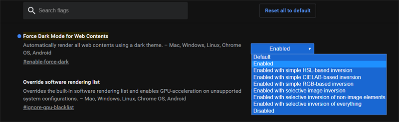 Browser flags enable force dark. Force Dark Mode for web contents. Переопределение темного режима. Select disabled. Enabled with selective inversion of everything перевод.