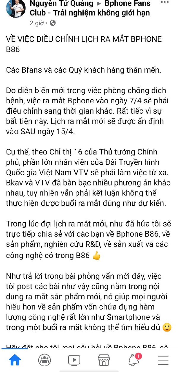 CEO Nguyễn Tử Quảng lại vừa thông báo lùi ngày ra mắt của Bphone 4, Bfans có lẽ sẽ buồn