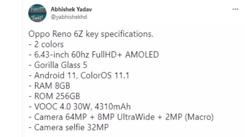 Oppo Reno 6Z lộ thông số qua một dòng tweet