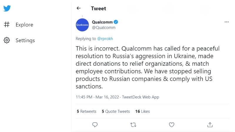Twitter phản hồi của Qualcomm