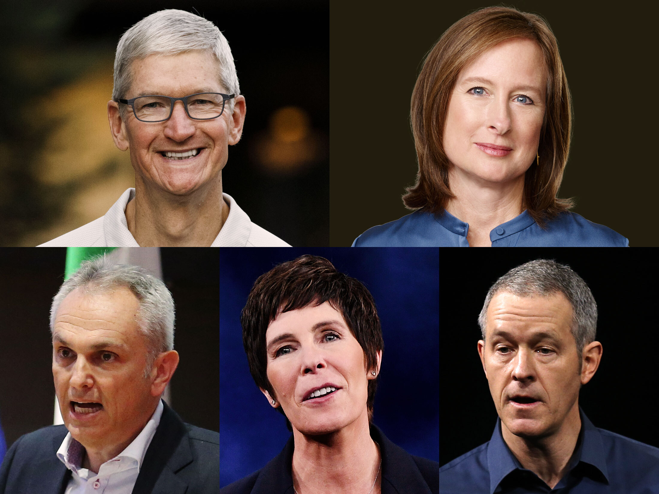 From left, Apple’s Tim Cook, Kate Adams, Luca Maestri, Deirdre O’Brien and Jeff Williams.