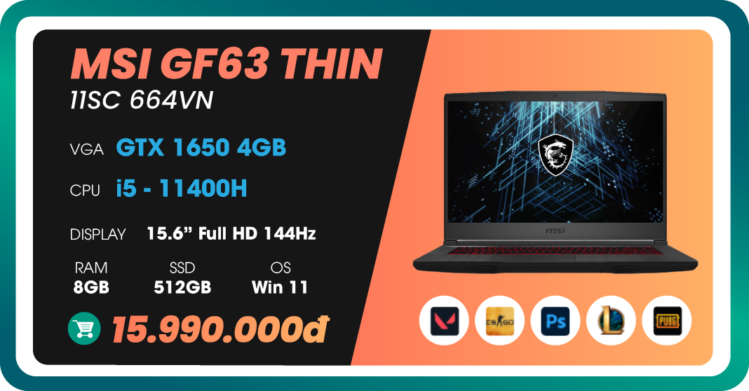 Laptop Gaming MSI GF63 Thin 11SC 664VN-02