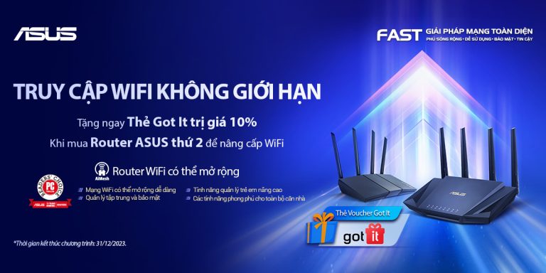 Tặng voucher GOT IT trị giá 10% khi mua Router ASUS tại Hoàng Hà Mobile