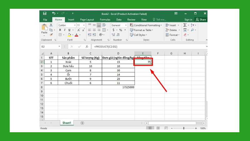 Ví dụ: Nhân hai cột trong Excel