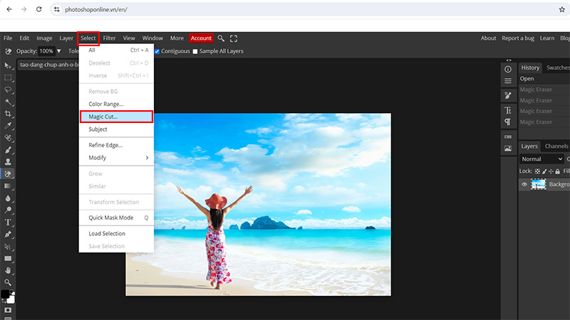 Bước 3: Tìm mục “Select” trên thanh công cụ của Photoshop Online và chọn “Magic Cut”