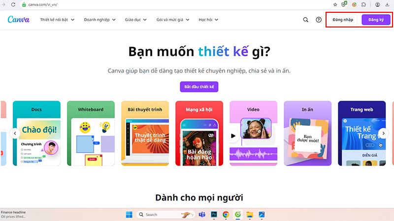 Bước 2: Đăng ký hoặc đăng nhập tài khoản Canva.