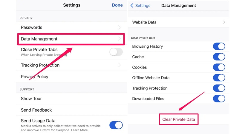 Cách xóa bộ nhớ đệm, lịch sử và cookie trong Firefox trên iPhone