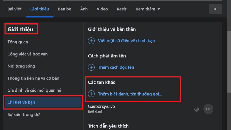 Đặt biệt danh trong hồ sơ Facebook cá nhân