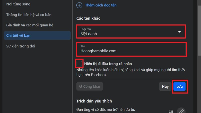 Đặt biệt danh trong hồ sơ Facebook cá nhân