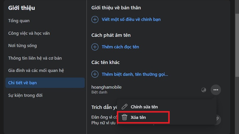 Cách xóa biệt danh Facebook trên máy tính