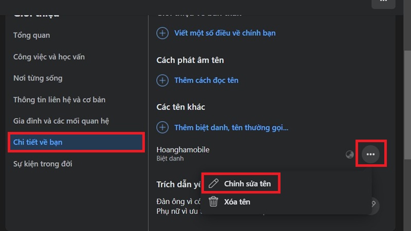 Thay đổi biệt danh hồ sơ Facebook trên máy tính