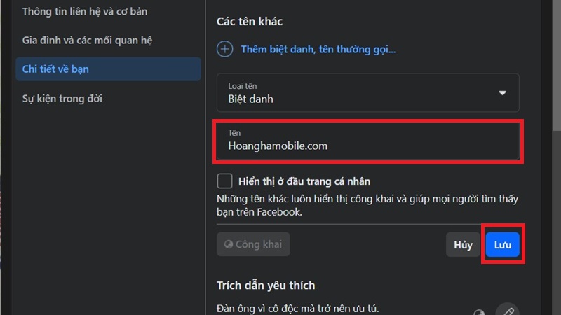 Thay đổi biệt danh hồ sơ Facebook trên máy tính