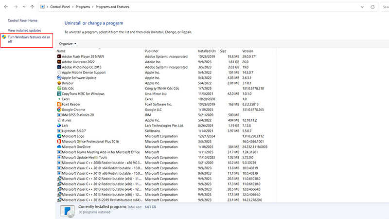 Bước 2: Truy cập Programs and Features và bật tính năng Windows Features