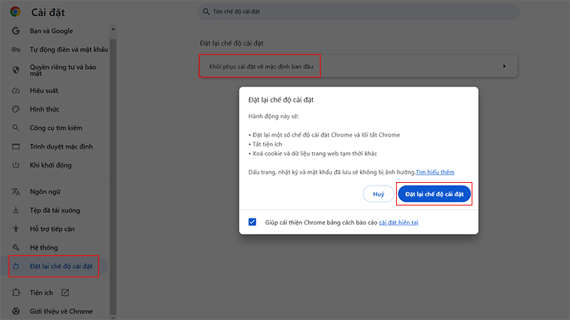 Nhấn Reset Settings để xác nhận việc đặt lại