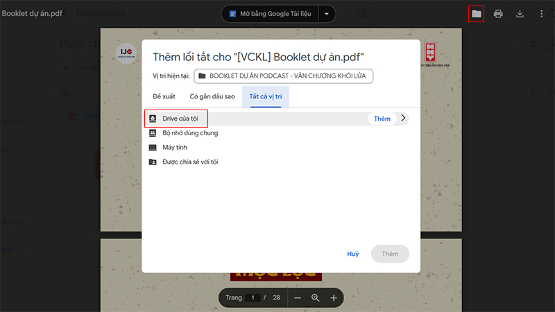 Nhấn vào biểu tượng “Thêm vào Drive” và chọn Add to my Drive