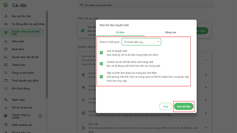 Xóa dữ liệu duyệt web và đổi mục Khoảng thời gian