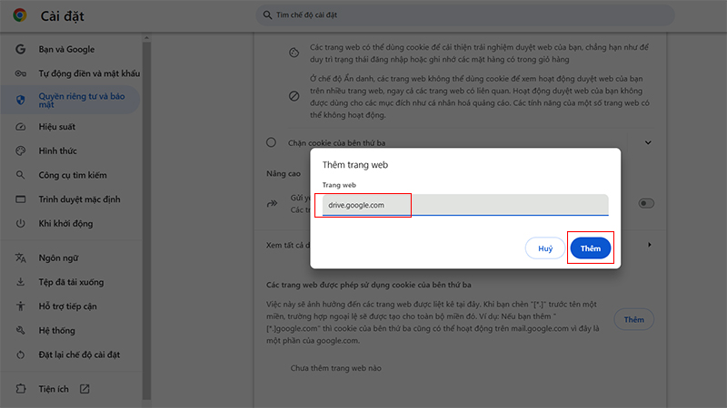 Nhập drive.google.com vào ô Miền (Site) và nhấn Thêm (Add) để hoàn tất