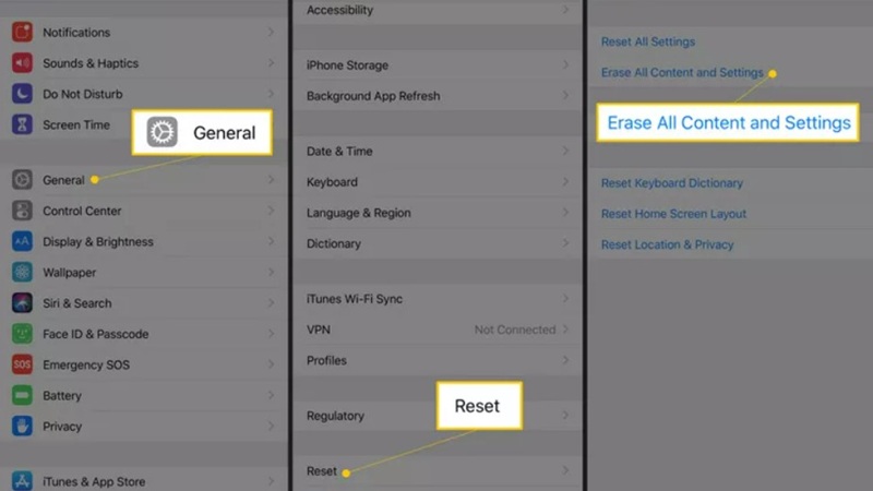 Xóa tin nhắn iPhone bằng cách cài đặt Khôi phục cài đặt gốc