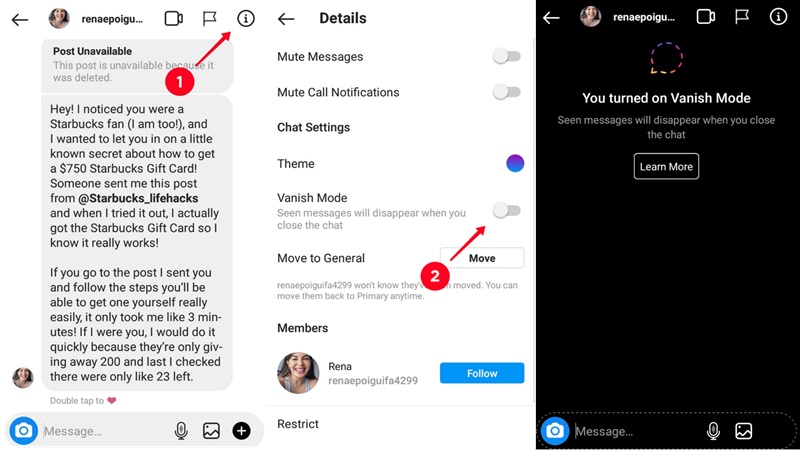 Xóa tin nhắn trên Instagram trong chế độ Vanish