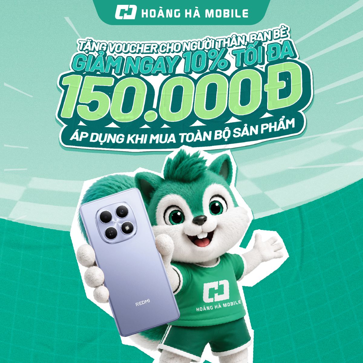 Banner dọc tặng voucher cho người thân với linh vật Hoàng Hà Mobile cầm điện thoại