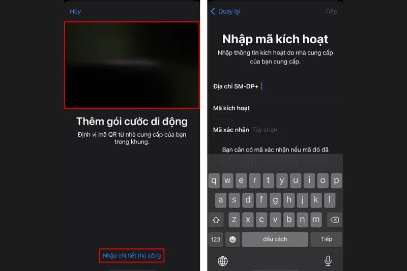 Quét mã QR hoặc nhập thông tin để kích hoạt eSIM