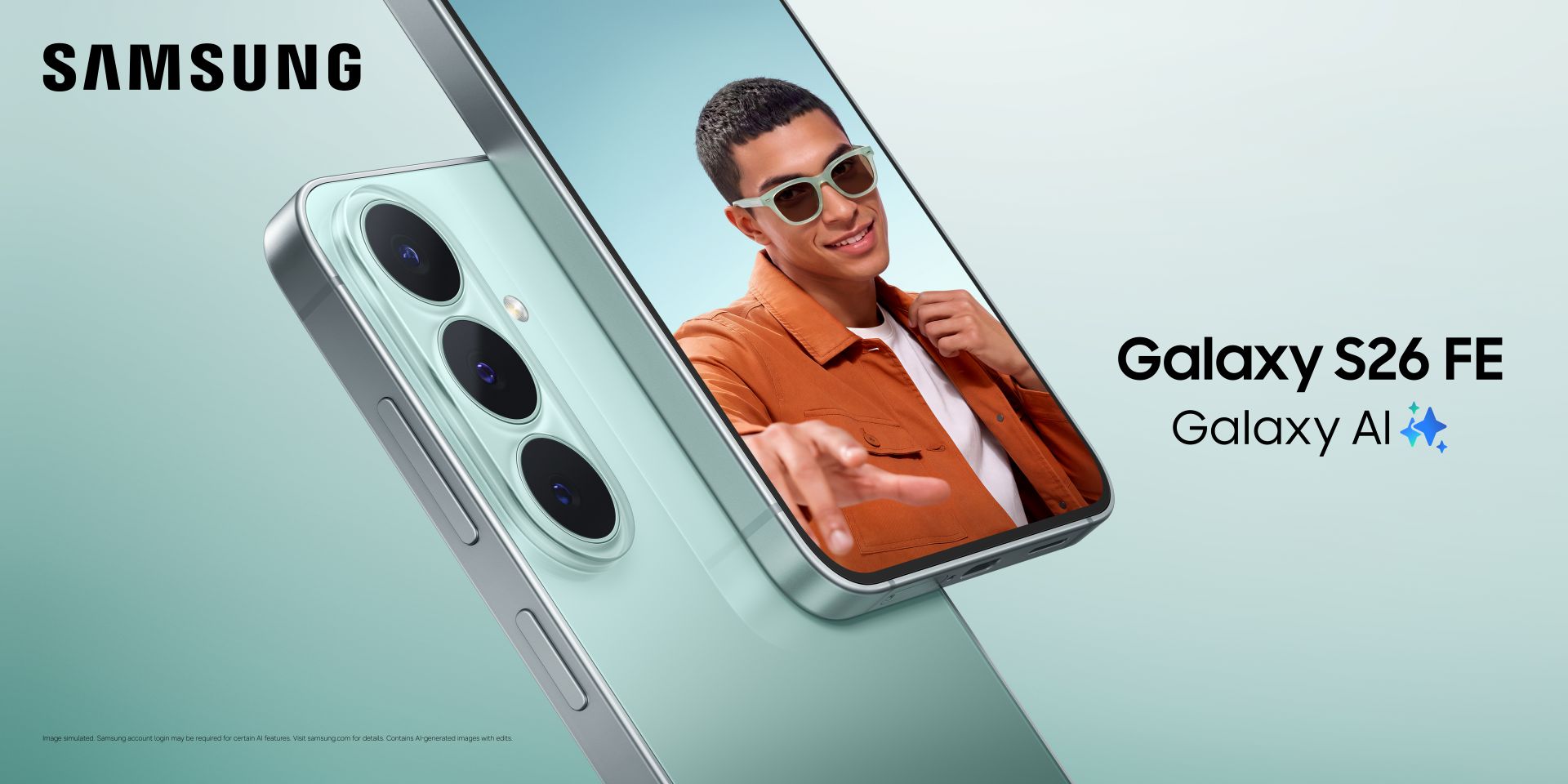 Samsung Galaxy S26 FE màu xanh với hệ thống ba camera sau