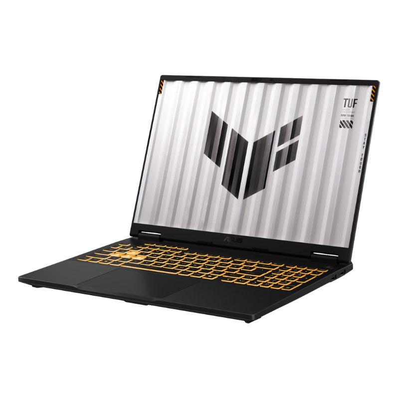 ASUS TUF Gaming F16 FX608JMI góc nghiêng với vỏ nhựa và nắp lưng nhôm