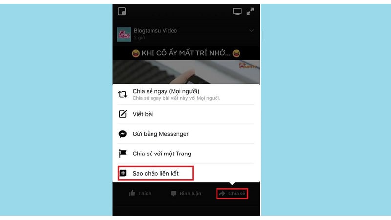 Chọn Sao chép liên kết trong menu chia sẻ video Facebook trên iPhone