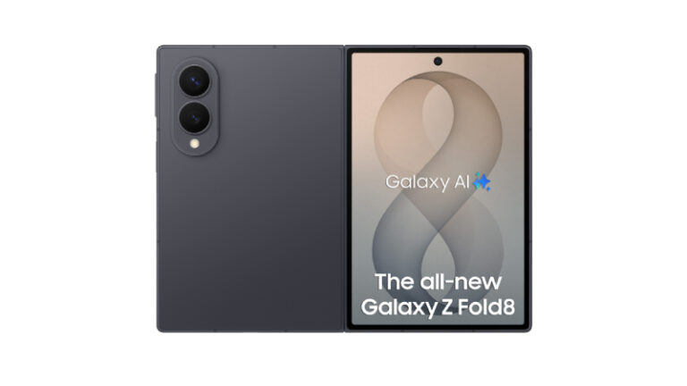 Galaxy Z Fold8 mở phẳng cho thấy màn hình trong và mặt lưng máy