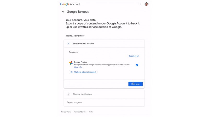 Giao diện Google Takeout chọn dữ liệu trong Tài khoản Google để xuất bản sao