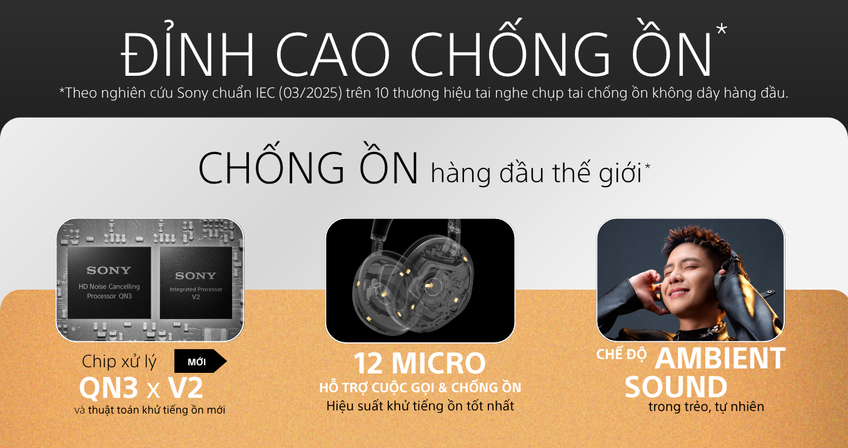 Hệ thống chống ồn của Sony WH-1000XM6 với chip xử lý QN3 và V2
