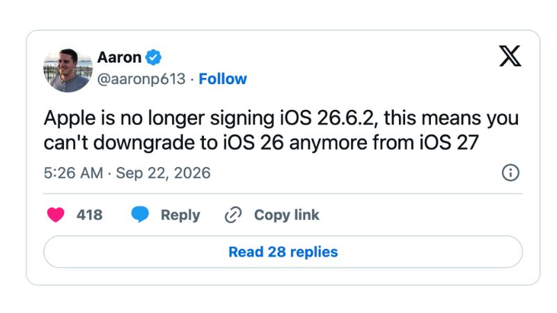 iOS 27 không thể hạ cấp xuống iOS 26 