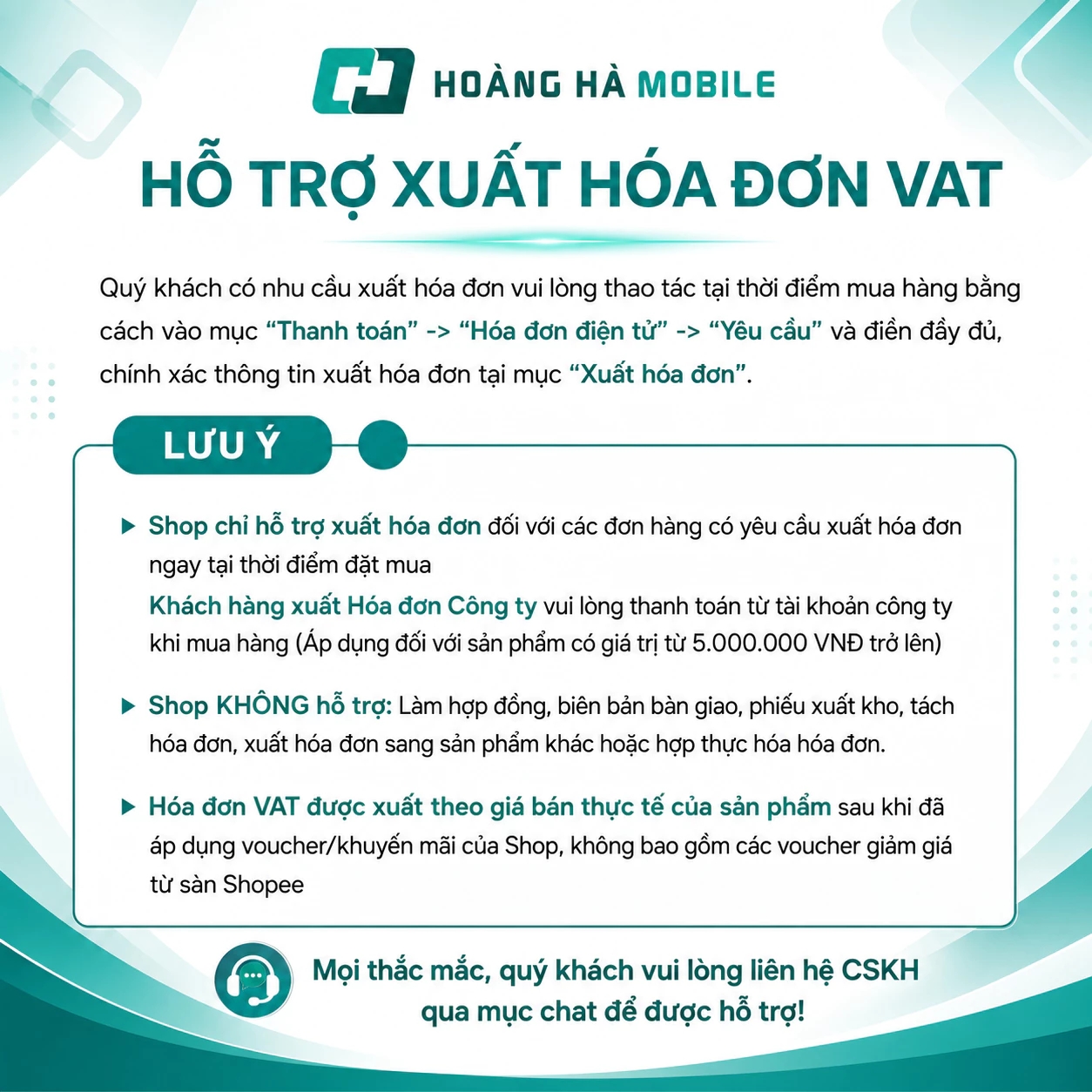 Hướng dẫn yêu cầu xuất hóa đơn VAT khi mua hàng trên gian hàng Hoàng Hà Mobile.