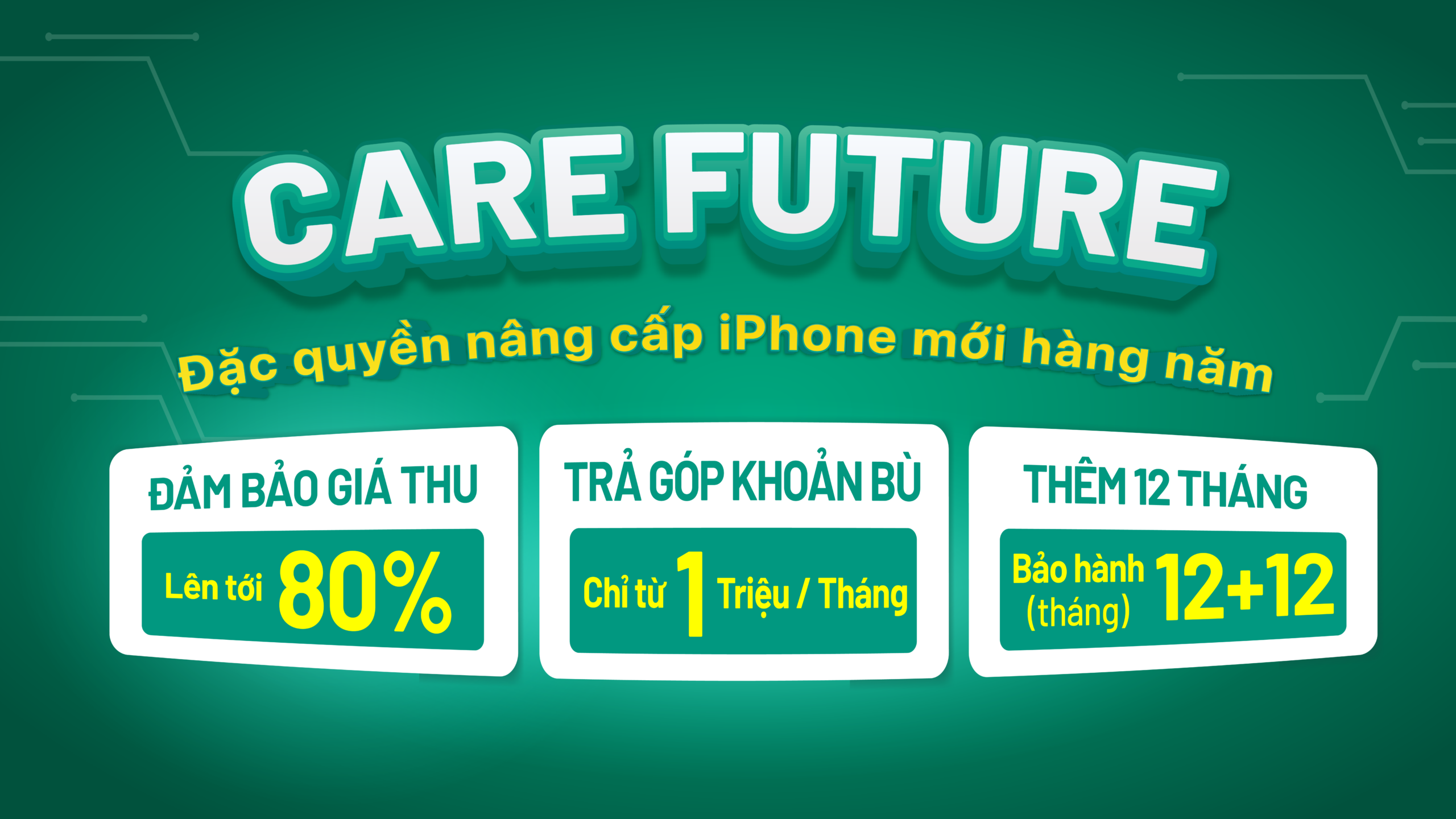 Banner Care Future của Hoàng Hà Mobile giới thiệu quyền lợi nâng cấp iPhone