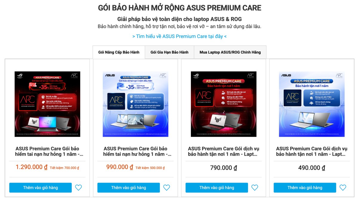 Bảng giá các gói ASUS Premium Care trên cửa hàng ASUS, cập nhật tháng 9/2026