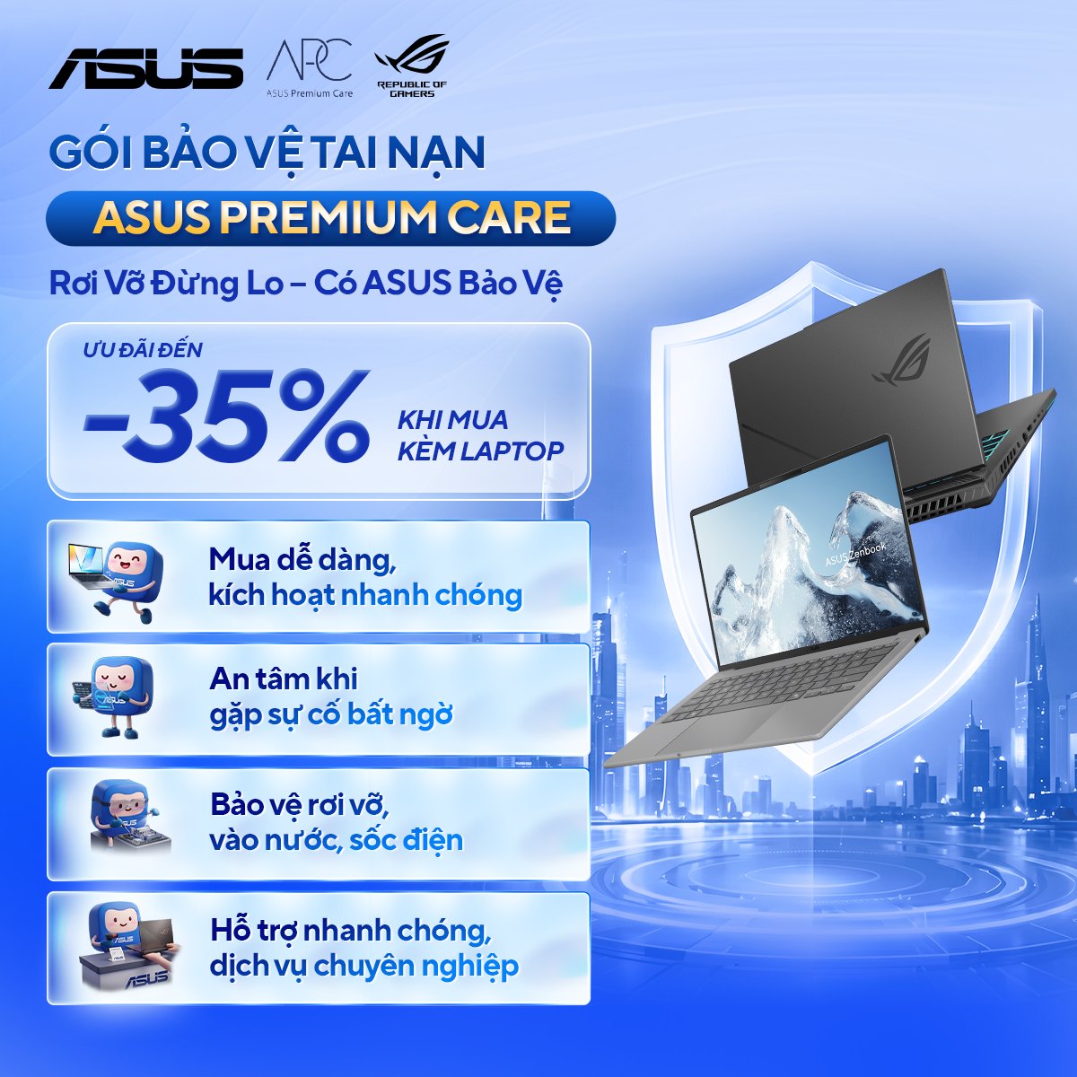 Gói bảo vệ tai nạn ngoài ý muốn ASUS Premium Care cho laptop rơi vỡ, vào nước