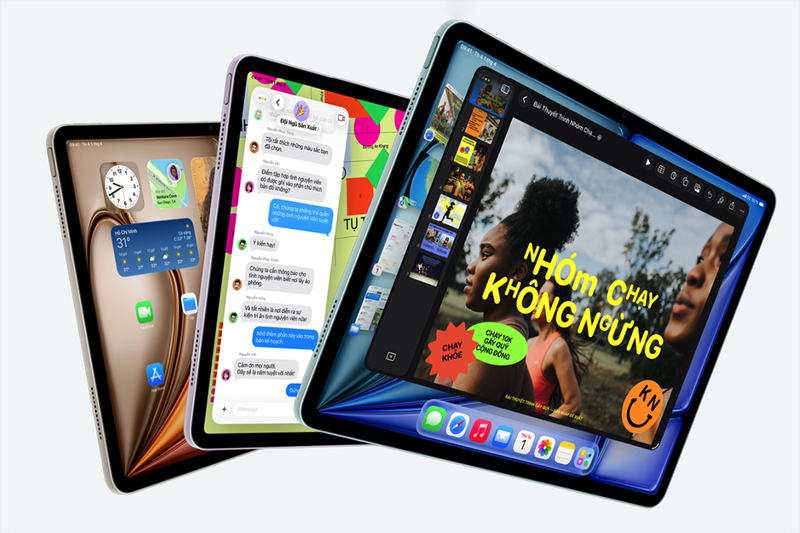 Ba chiếc iPad Air M4 hiển thị giao diện iPadOS tiếng Việt