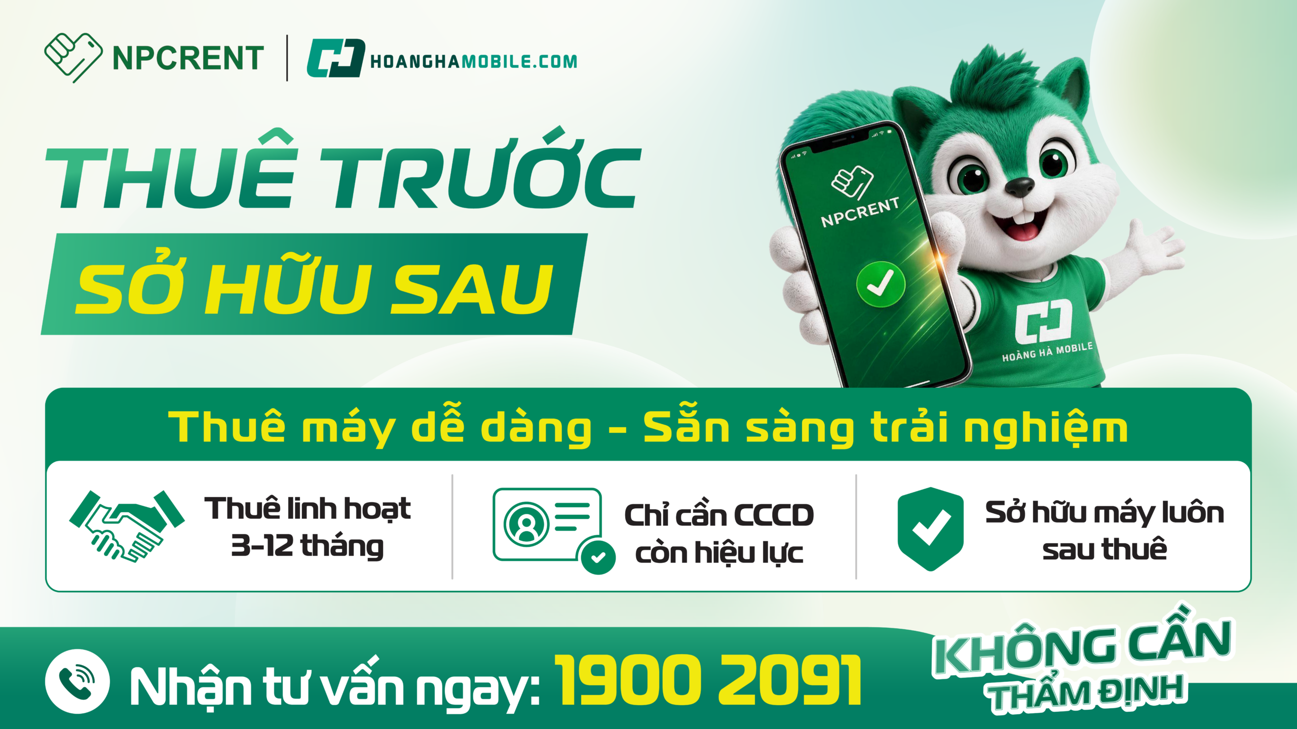 Banner NPCRENT và Hoàng Hà Mobile giới thiệu dịch vụ thuê trước, sở hữu sau