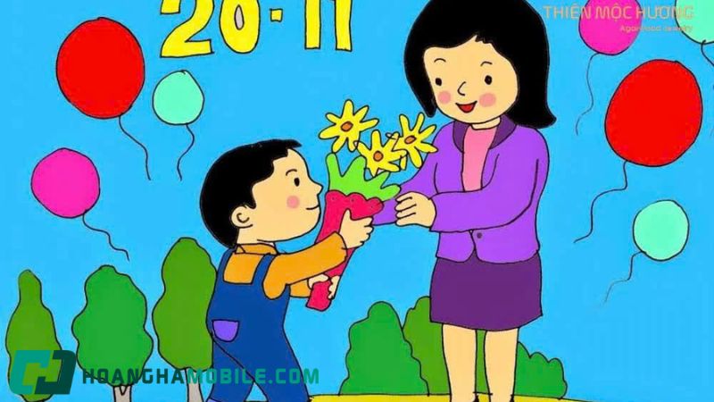 Tranh tĩnh vật bó hoa cúc đặt cạnh tấm thiệp mở ghi lời chúc thầy cô