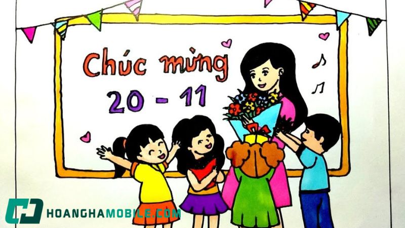 Tranh lớp học vùng cao với cô giáo dắt tay học sinh qua đường mòn