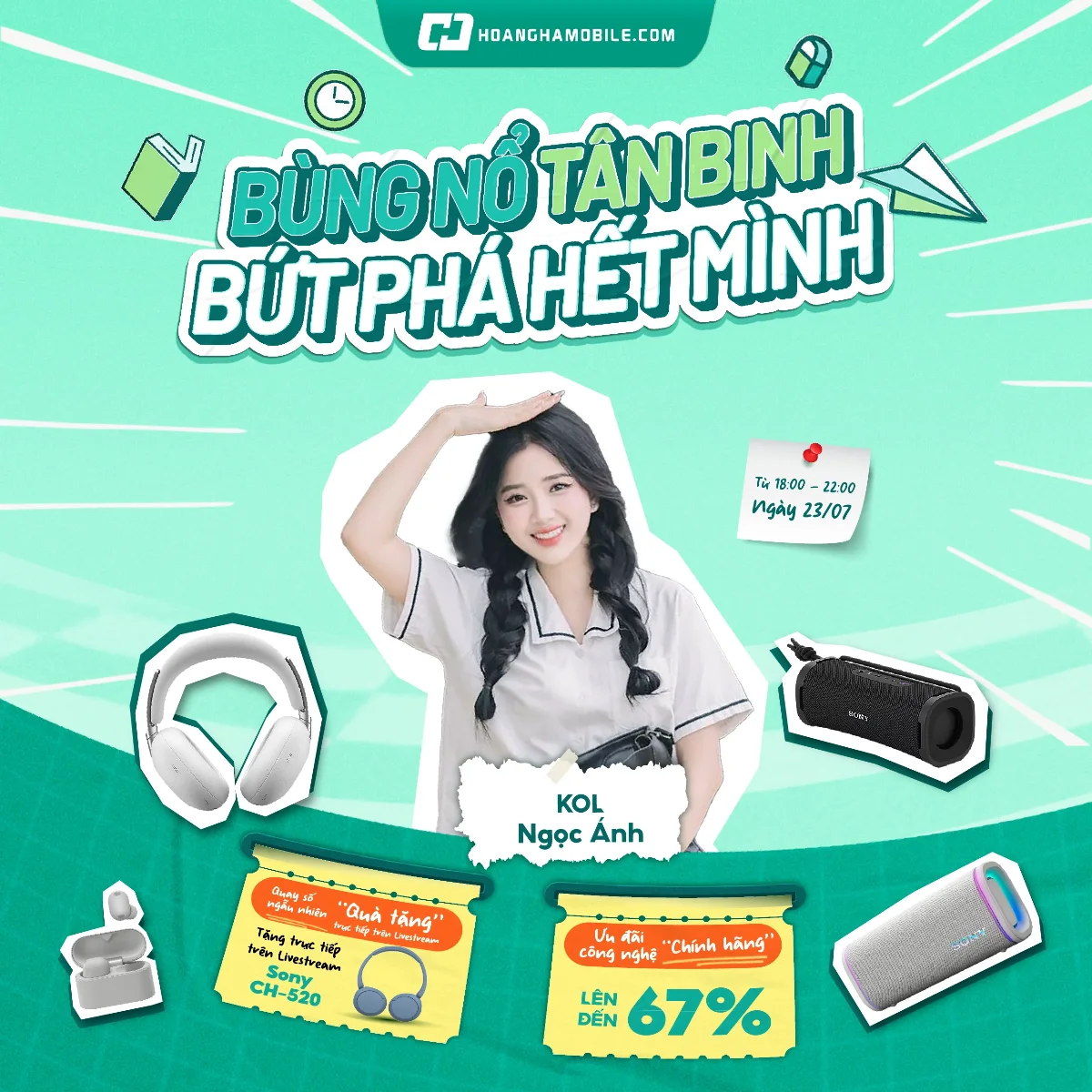 Banner livestream với khách mời nữ và các phụ kiện âm thanh